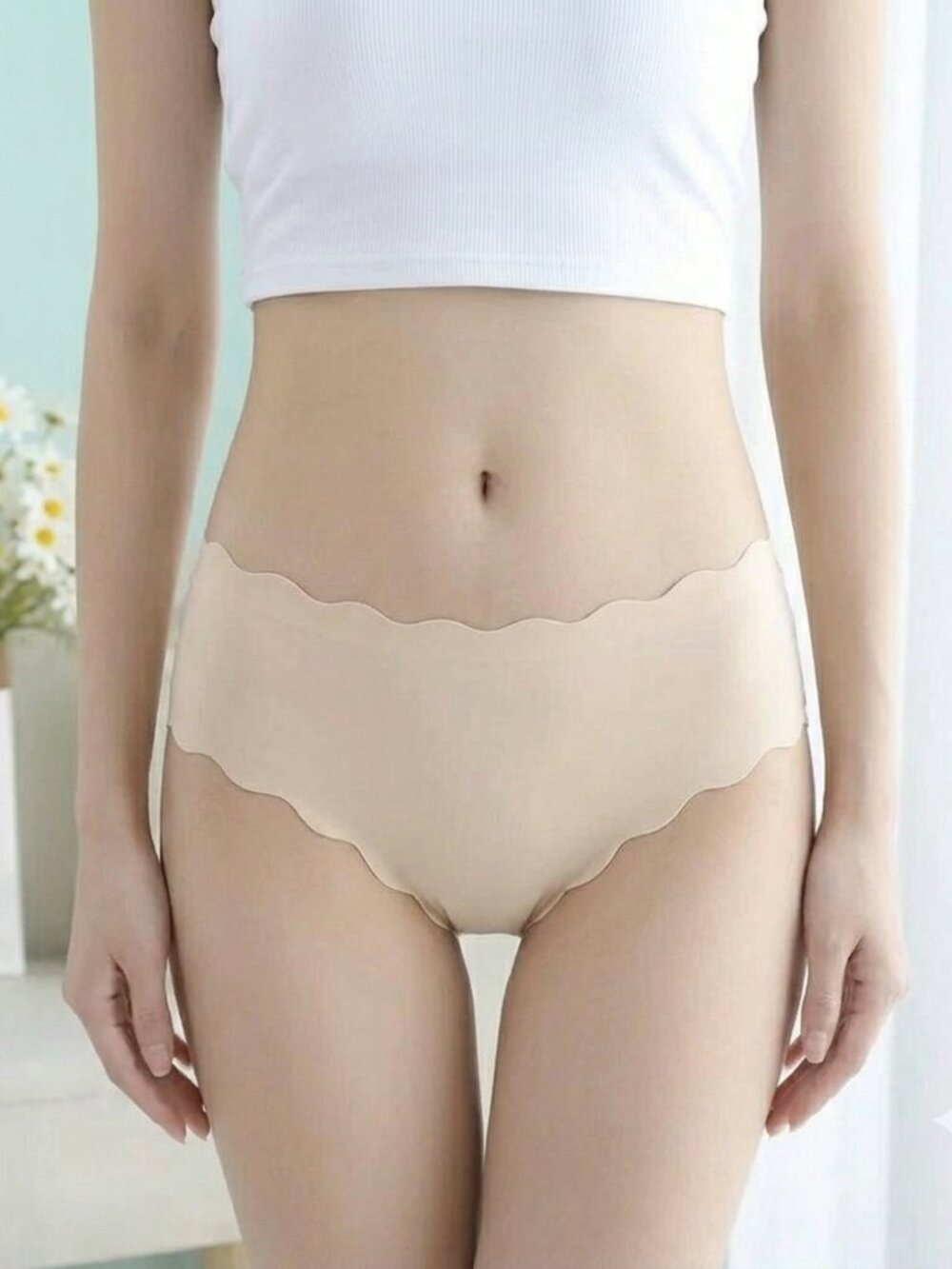 3/$20 Beige Seamless Scalloped Panties No-Show Underwear Soft Stretchy Briefs
